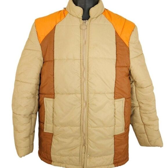Puffy Puffer Parka Jacket Vintage 70s Brown Orange Mens Size Small - Picture 1 of 7